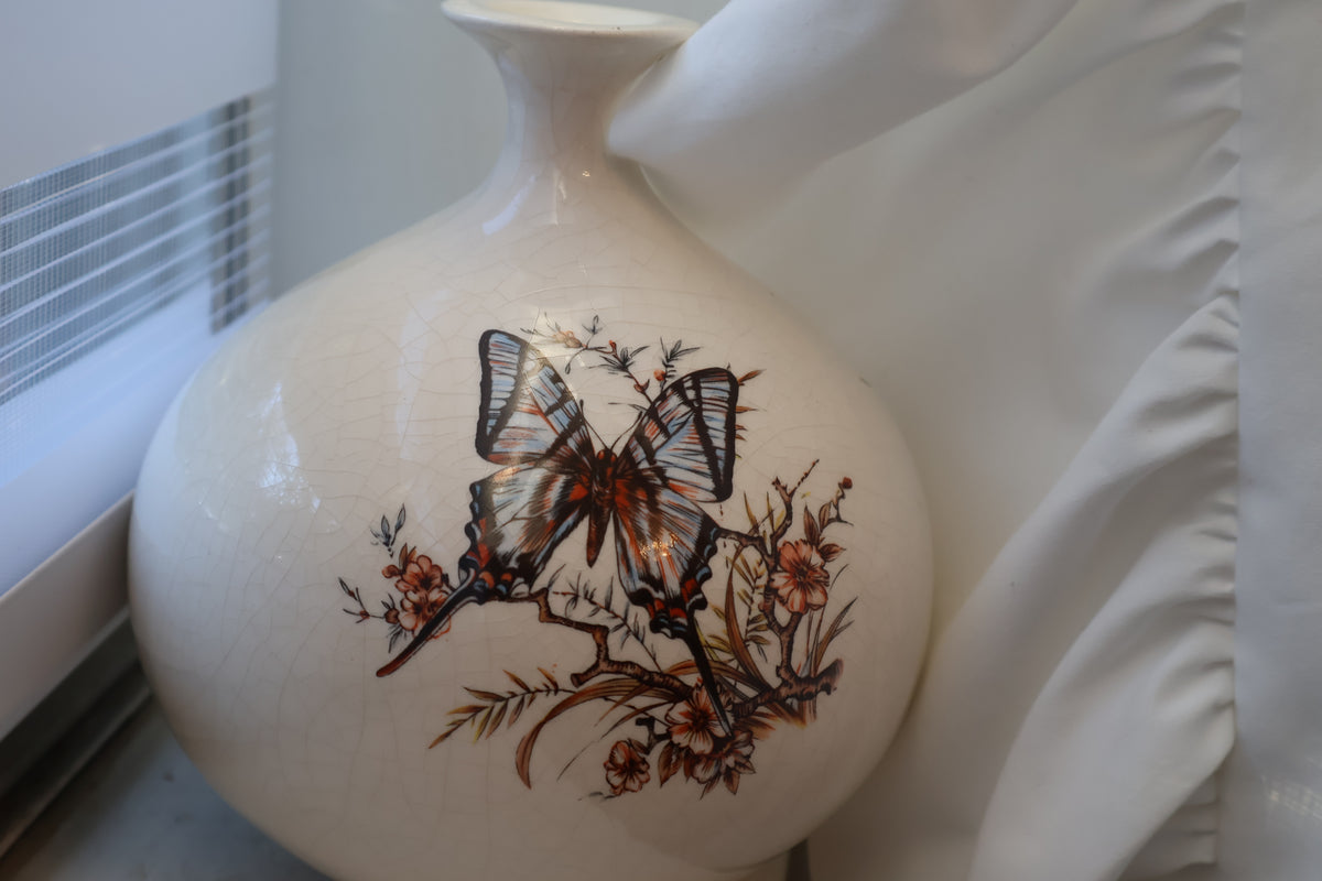 Vintage Crackle-Glazed Butterfly Vase – 7" Tall