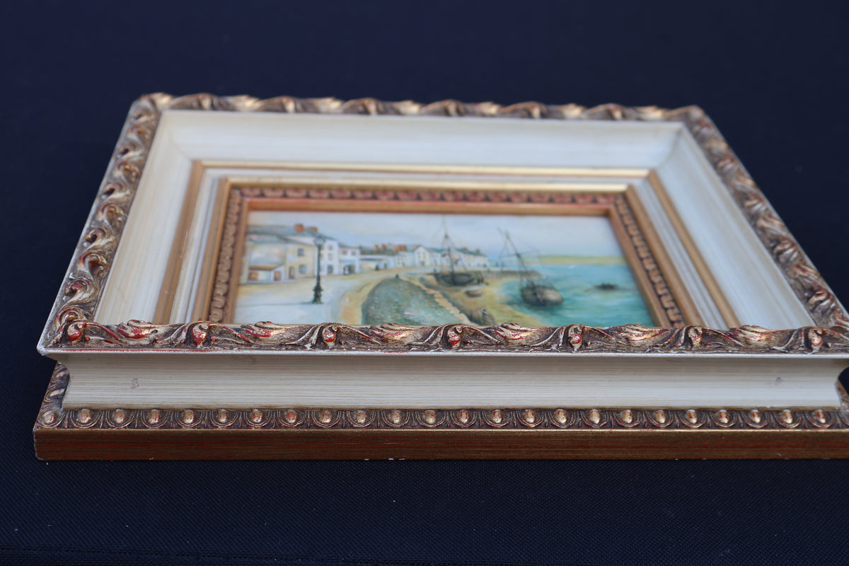 Framed Seaside Village Picture in White and Gold