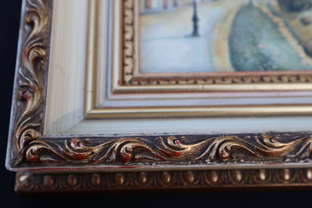Framed Seaside Village Picture in White and Gold
