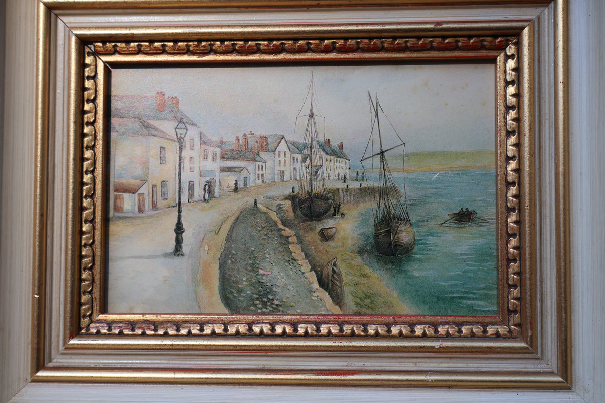 Framed Seaside Village Picture in White and Gold
