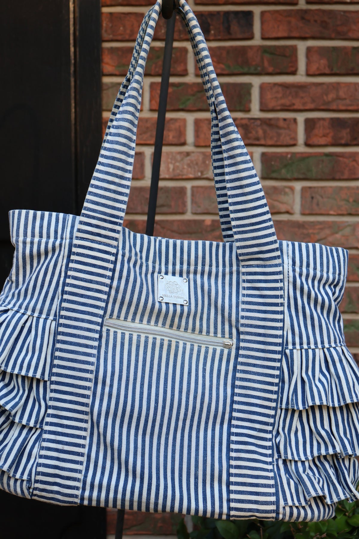 Bella Tuunno Navy & White Striped Ruffled Diaper Tote Bag