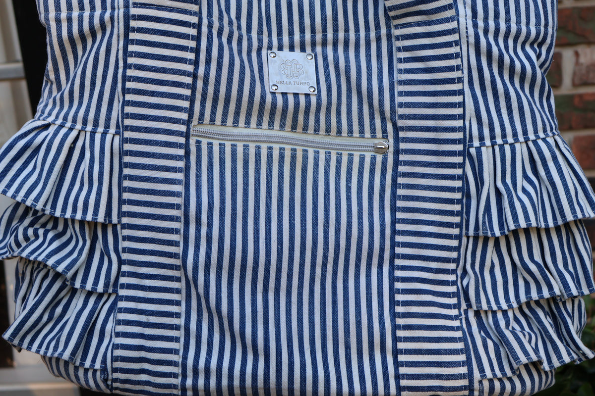 Bella Tuunno Navy & White Striped Ruffled Diaper Tote Bag