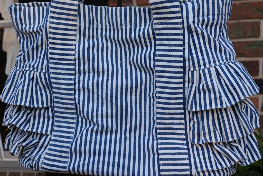 Bella Tuunno Navy & White Striped Ruffled Diaper Tote Bag