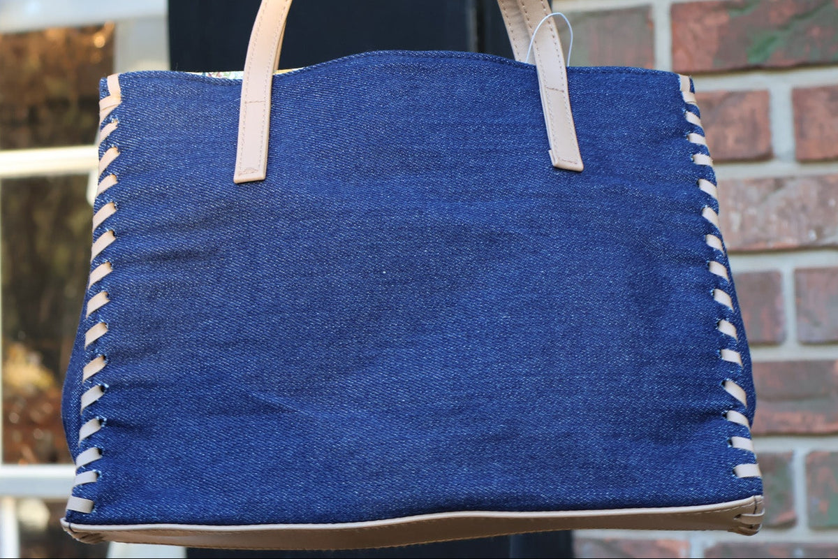 Small Denim Tote with Leather Handles & Floral Lining