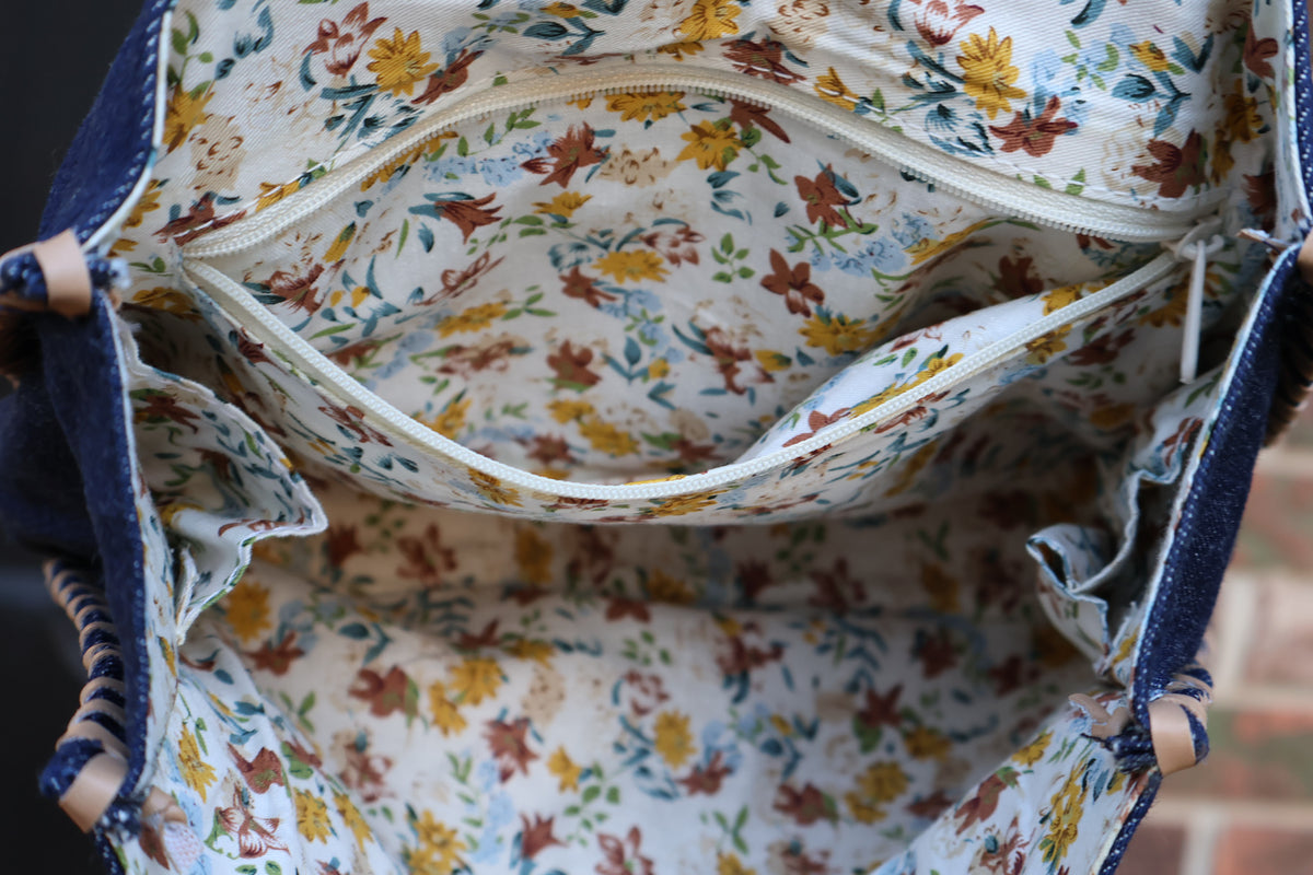 Small Denim Tote with Leather Handles & Floral Lining