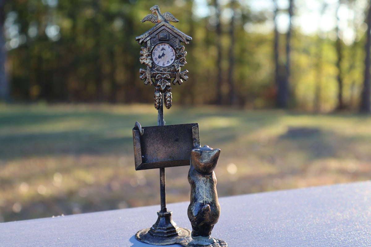 Miniature Cat & Cuckoo Clock Figurine in Antique Gold