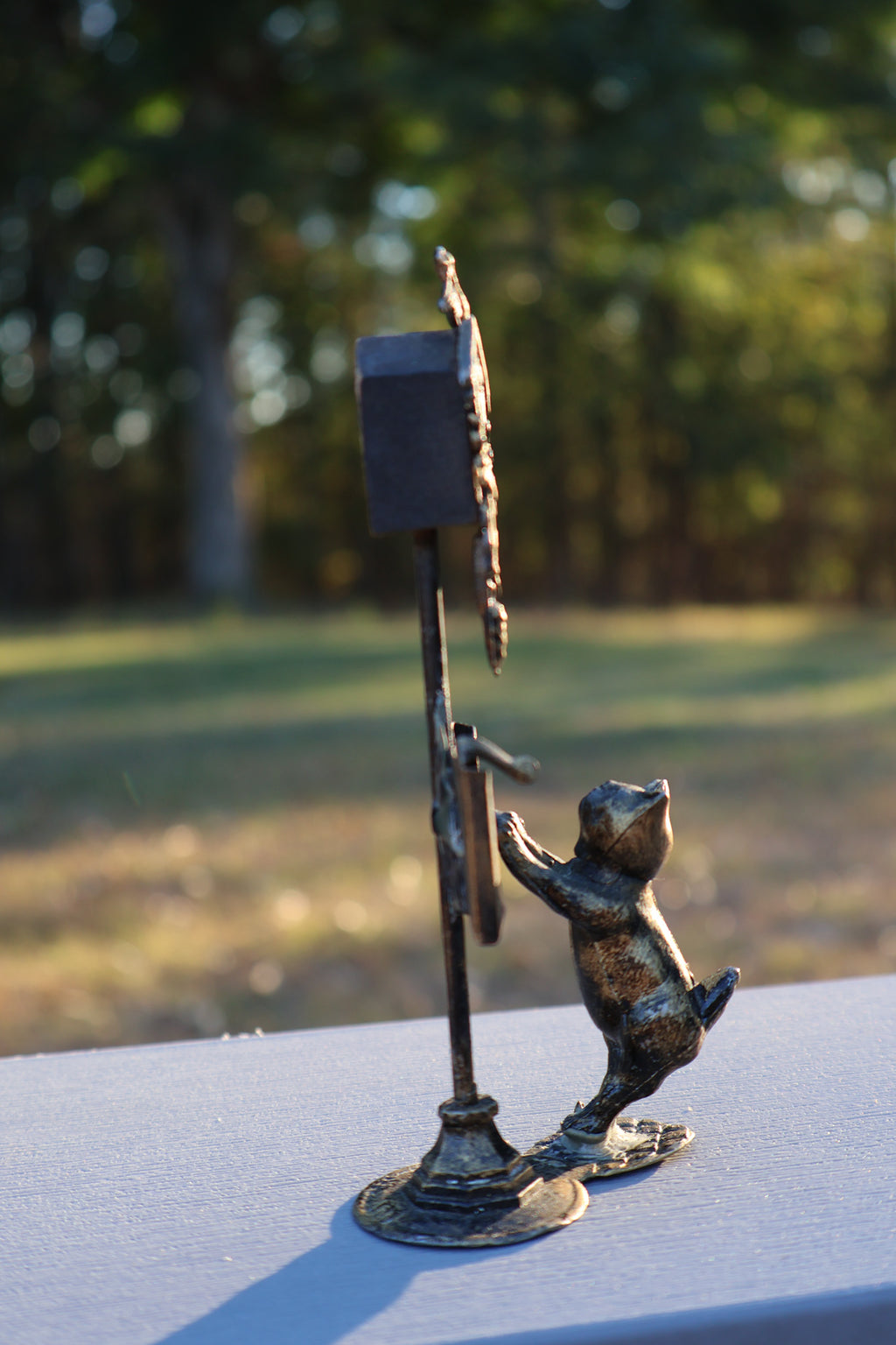 Miniature Cat & Cuckoo Clock Figurine in Antique Gold