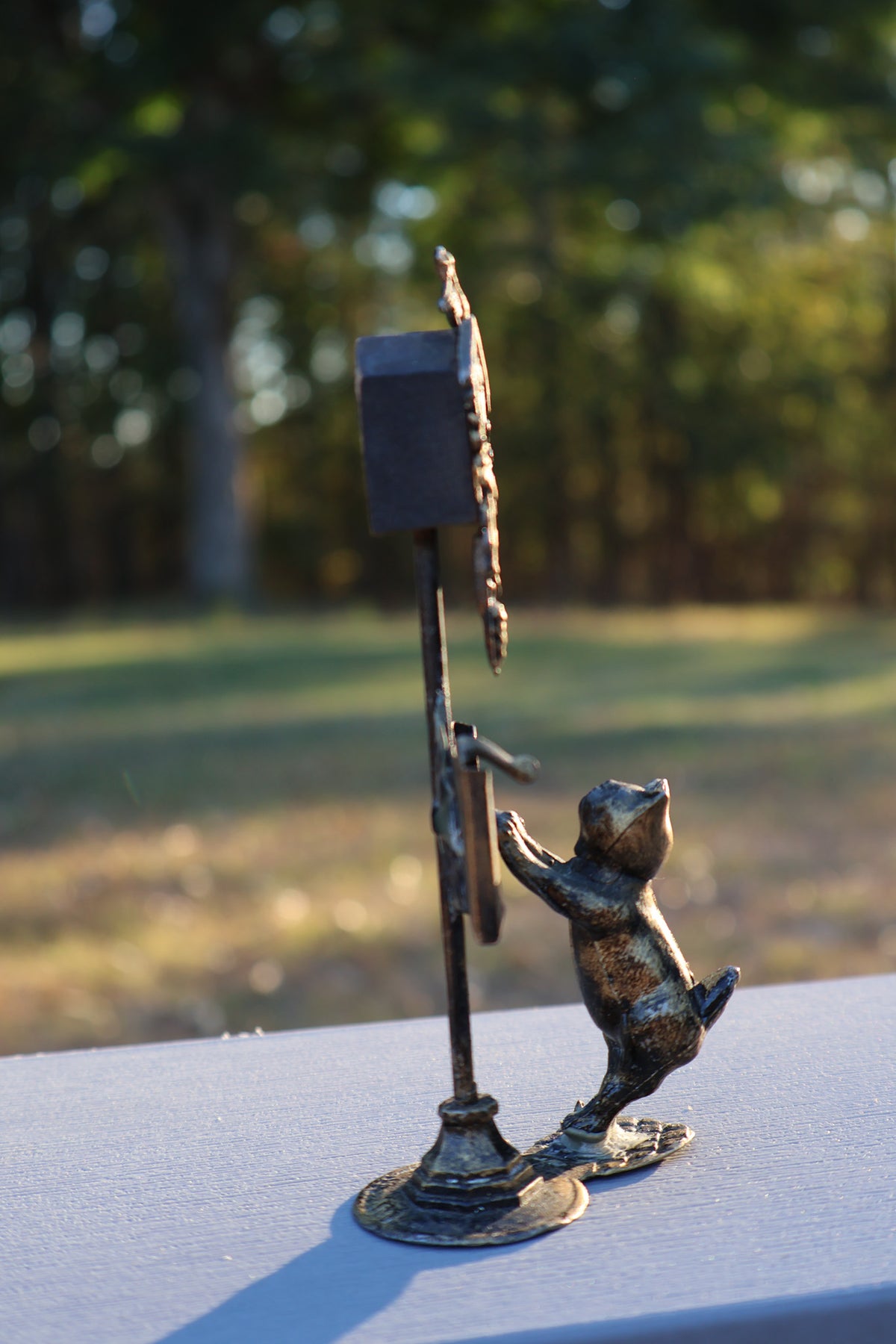 Miniature Cat & Cuckoo Clock Figurine in Antique Gold