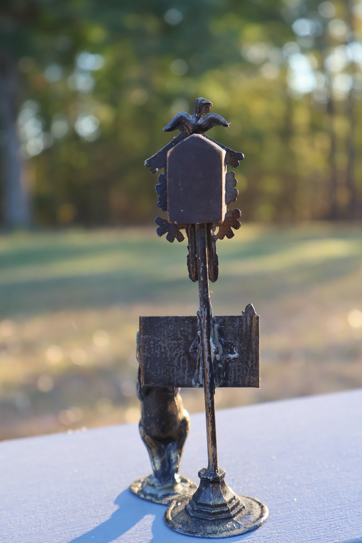 Miniature Cat & Cuckoo Clock Figurine in Antique Gold