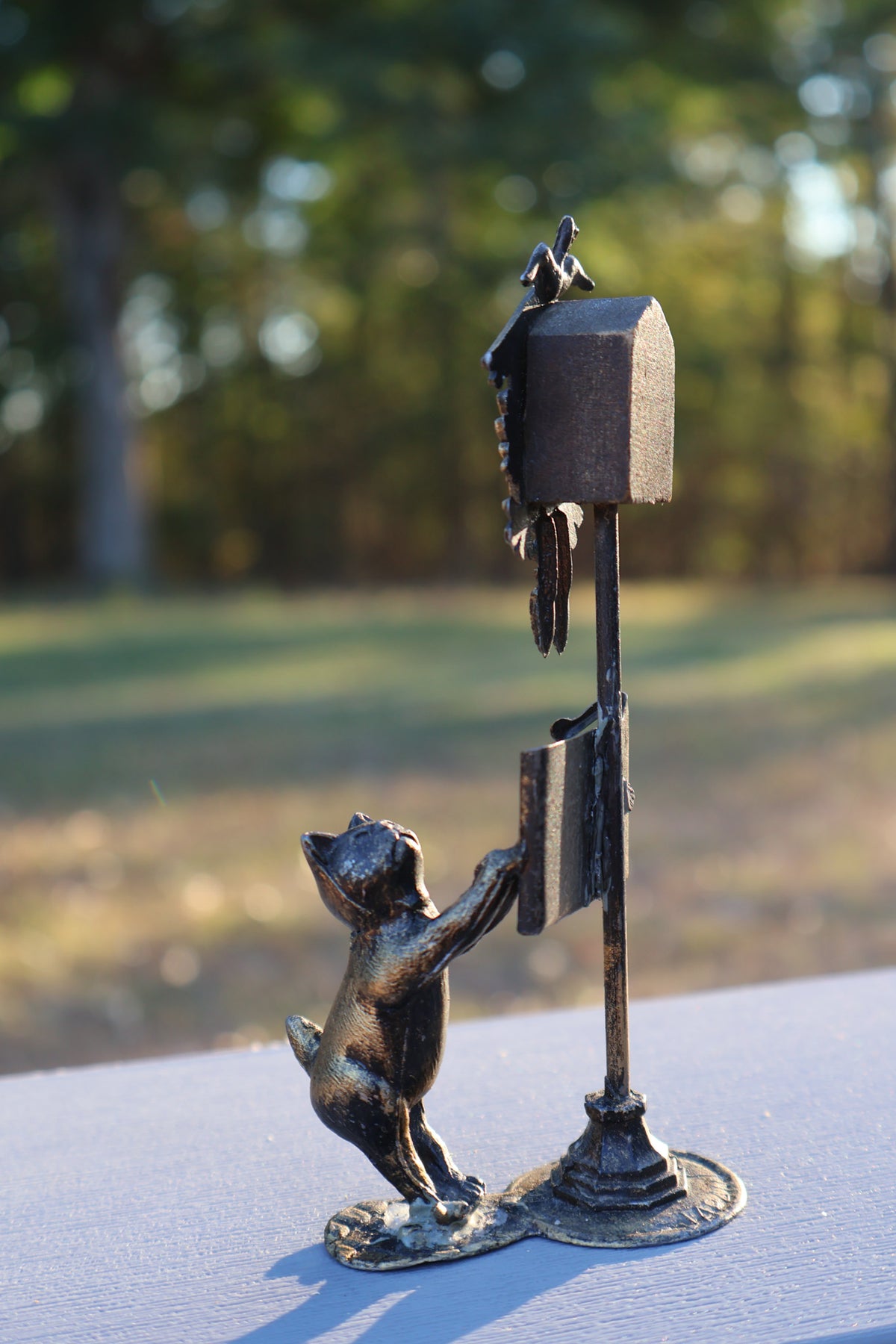 Miniature Cat & Cuckoo Clock Figurine in Antique Gold