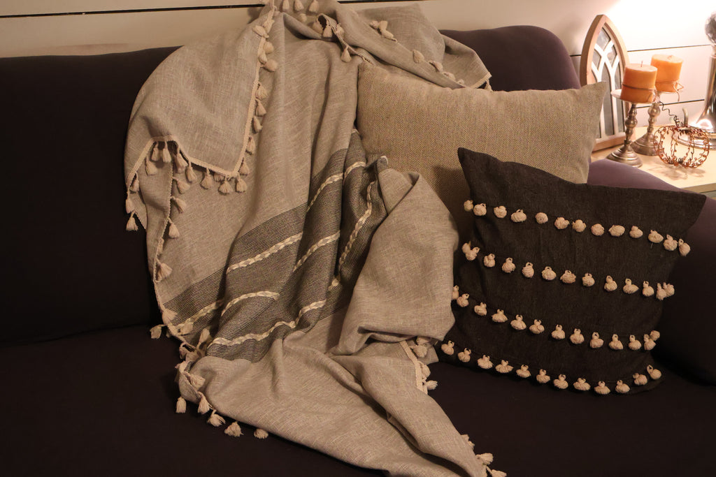 Gray & White Lightweight Throw Blanket with Tassel Edging