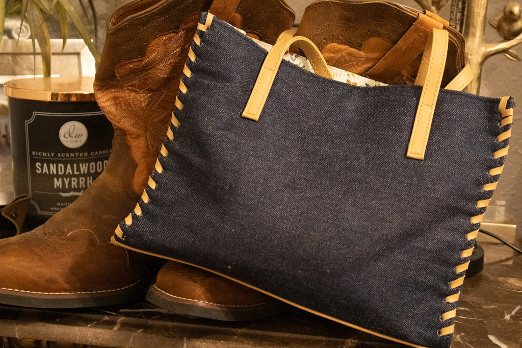 Small Denim Tote with Leather Handles & Floral Lining