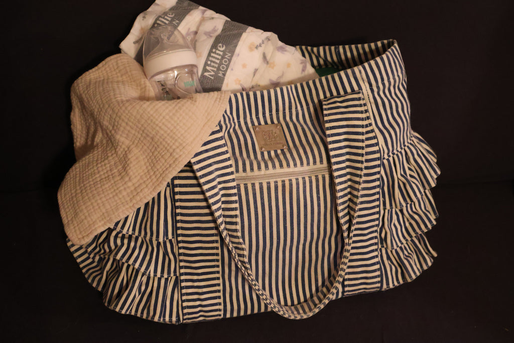 Bella Tuunno Navy & White Striped Ruffled Diaper Tote Bag